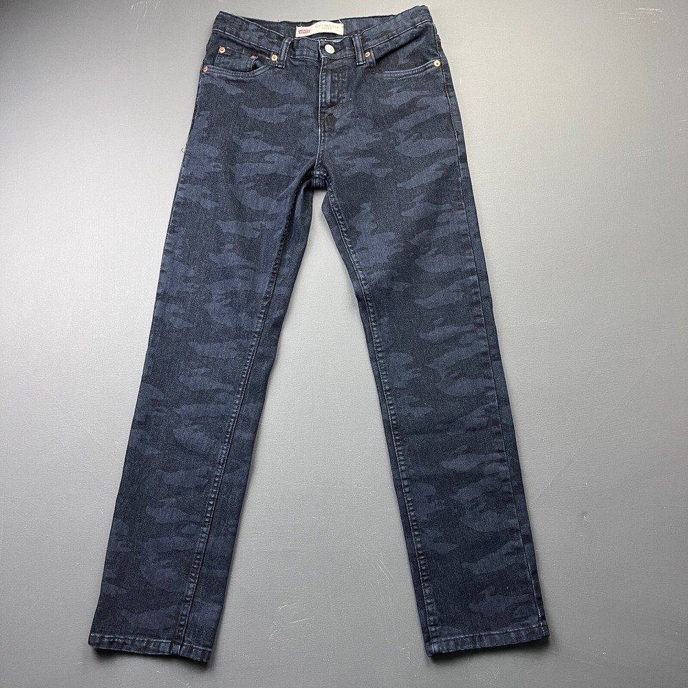 Levi's Boys Size 16 Regular Blue Gray Camo Tapered Jeans 502 Dark Wash Denim Y2K